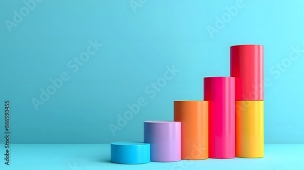 Fototapeta Colorful cylindrical shapes arranged in ascending order on a blue background, representing growth and progress in a vibrant minimalistic style.