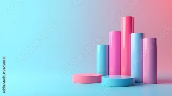 Fototapeta Colorful cylindrical shapes in pink and blue on a gradient background. Modern geometric abstract design, 3D rendering, futuristic illustration.