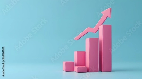 Fototapeta Pink bar graph with upward arrow on blue background symbolizes business growth and success in a minimalist design.