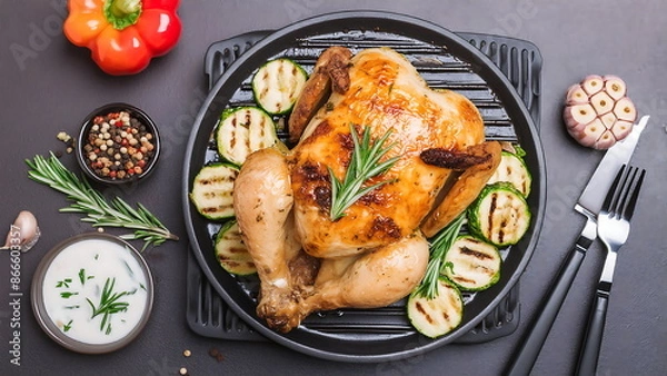Obraz Delicious roasted chicken with rosemary and grilled zucchini on a black plate. Healthy and flavorful meal concept.