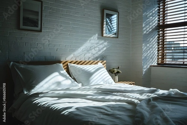 Fototapeta Serene bedroom with white sheets, wooden bed, and sunlight through blinds