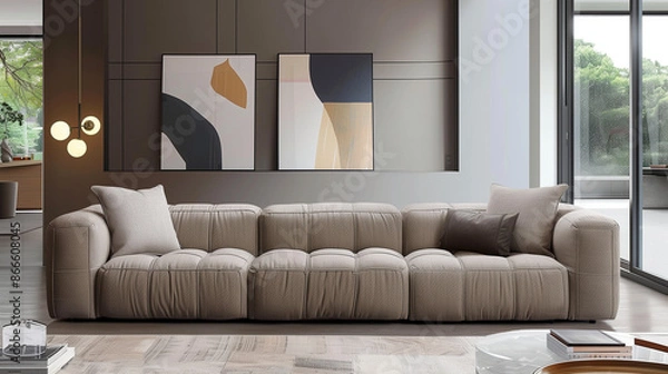 Obraz modern, rectangular sofa with a boxy design and soft cushions