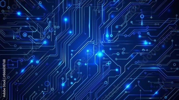 Obraz The digital modern illustration of a circuit board with chips, processors, and semiconductors on a blue background. Technology connected blue lines with electronics on a blue background. Computer