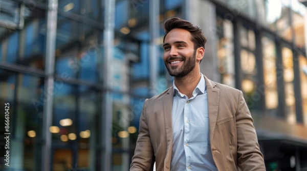 Obraz Businessman in an elegant suit exits a large office building, smiling and heading home.