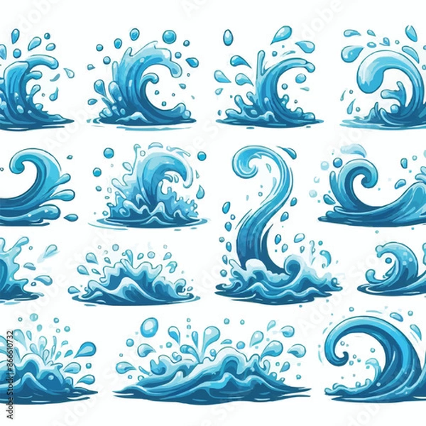 Obraz Liquid water splashes, falling aqua drops, sea or ocean waves and swirl. Blue water motion effects vector cartoon set