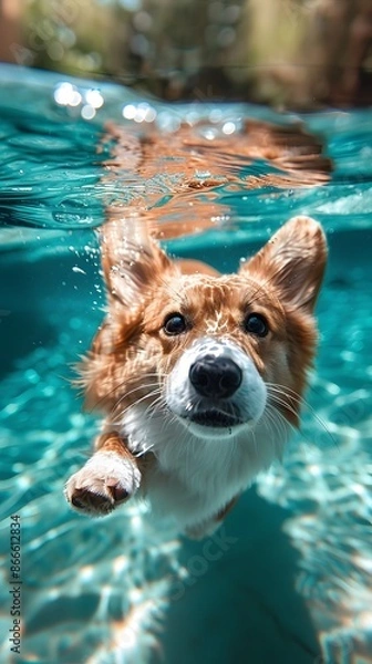 Fototapeta Vertical underwater portrait of a corgi dog swimming submerged in a pool. Ideal for social media. Generative Ai.