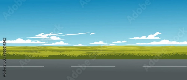 Fototapeta Grassland on sunny day with empty road