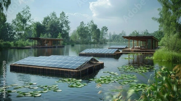 Fototapeta Floating Solar Farms: Illustrate the innovative concept of floating solar farms on bodies of water, highlighting the intersection of technology and environmental solutions.