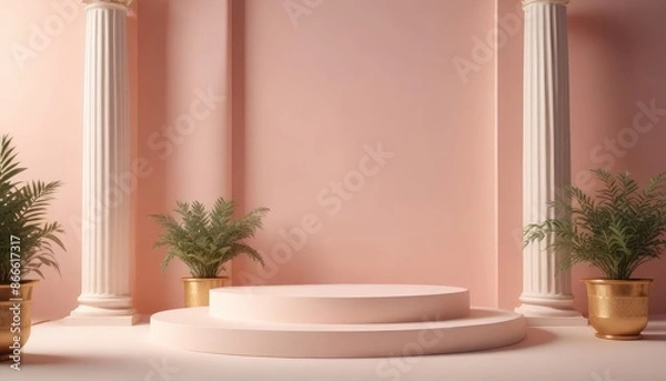 Fototapeta Background podium column 3d roman luxury greek white ancient display product classic. Podium platform background column pillar stage minimal stand beauty design Greece render scene plant cosmetic Rome