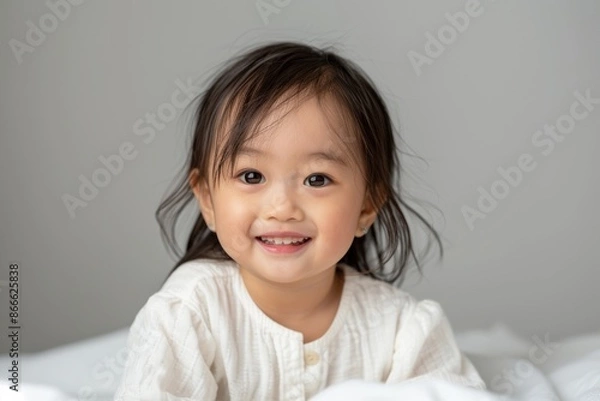 Obraz A happy little Asian girl dressed in a white t-shirt, smiling warmly at the camera. Her clean and simple look, combined with her joyful demeanor, makes this photo ideal for advertisements,