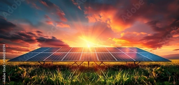 Obraz Solar panels in a vibrant sunset landscape, showcasing renewable energy and sustainable power solutions in the modern era.
