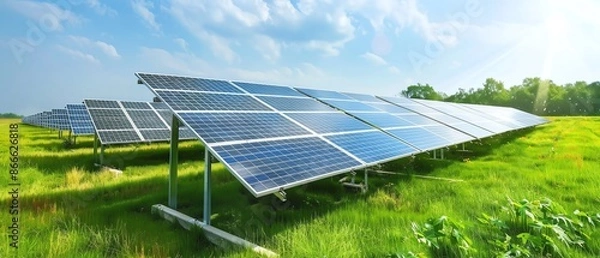 Obraz Sunlit solar panels installed in a green field generating renewable energy. Clean and sustainable power source.