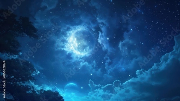 Fototapeta Serene night sky with a full moon glowing amidst the stars and clouds, creating a peaceful and magical atmosphere.