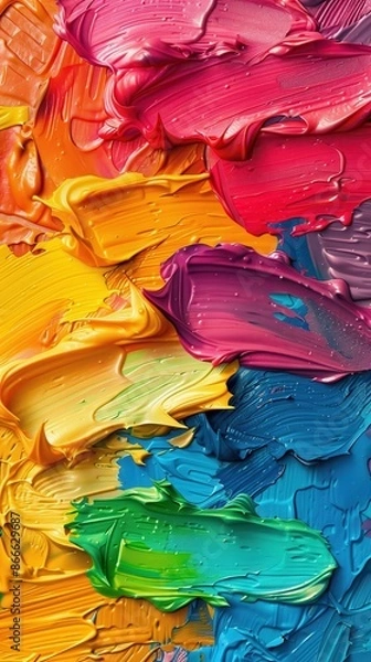 Fototapeta Vibrant close-up of colorful oil paint texture on a canvas, showcasing a beautiful blend of hues and artistic creativity.