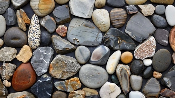 Fototapeta A collection of different-sized and textured stones arranged in a random pattern.