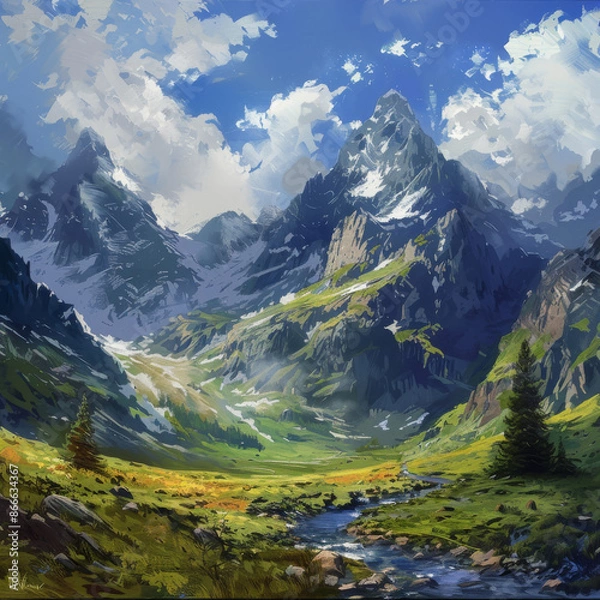 Fototapeta Mountain range enveloped in morning clouds during summer. Aerial perspective of peaks adorned with lush greenery amidst fog. Scenic panorama featuring towering cliffs, woodland, and sky.