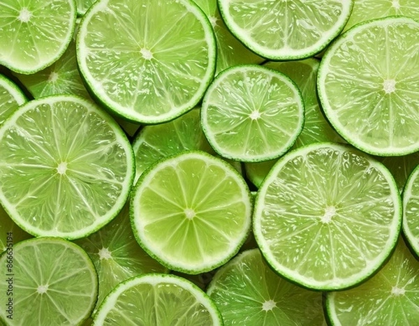 Fototapeta Slices of fresh juicy green lemons. Lime fruit cut texture. Citrus section pattern. Vibrant color summer design. Flat lay, top view