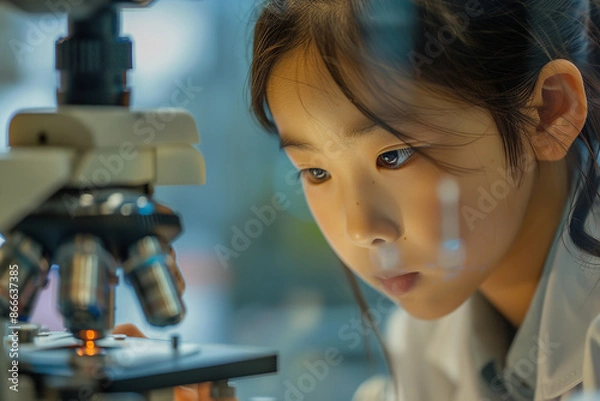 Fototapeta A young Asian girl is deeply focused on using a microscope in a science laboratory
