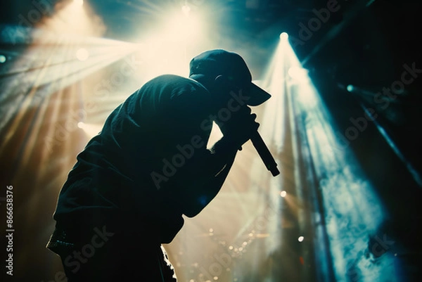 Obraz The silhouette of a rapper, donning a cap and holding a microphone, delivers powerful lyrics under vibrant stage lights