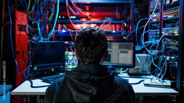 Fototapeta Shot from behind of a hooded hacker who is breaking into corporate data servers from his underground hideout. There are multiple display screens, cables everywhere, and a dark atmosphere in the room.