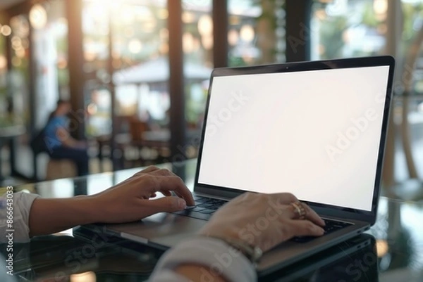 Obraz The mockup image shows a blank screen computer with a white background for advertising text, with a woman wearing a laptop and searching business information at a coffee shop desk. Marketing and