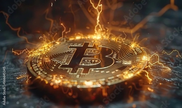 Fototapeta Bitcoin's lightning network technology's fast transactions per second, price explosion, and popularity as a wide background.