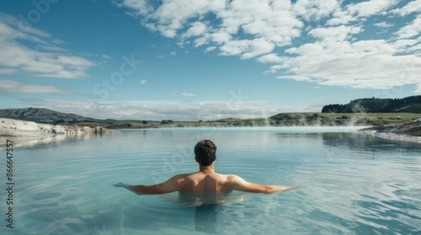 Fototapeta man on his back in a large lake surrounded by mountains