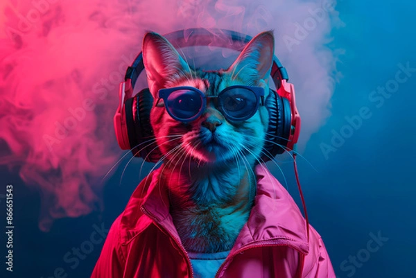 Fototapeta Surreal or fantasy portrait of a cat wearing a pink jacket, sunglasses and headphones with an abstract background of colorful smoke. Generative Ai.	