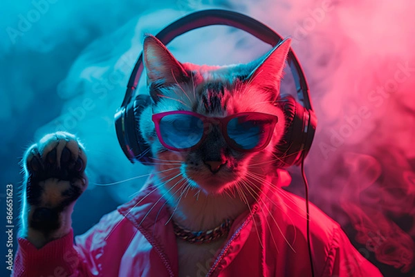Fototapeta Surreal or fantasy portrait of a cat wearing a pink jacket, sunglasses and headphones with an abstract background of colorful smoke. Generative Ai.	