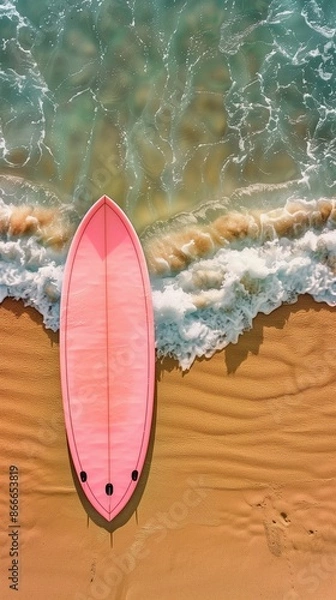 Fototapeta Minimalist tropical beach with pink surfboard and golden sand, summer vibes with large area for text
