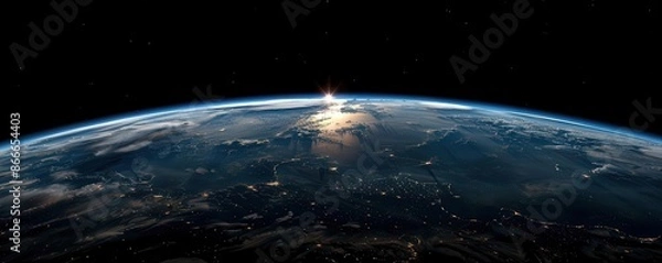 Fototapeta Earth from space with sunrise over horizon, isolated on black background, copy space