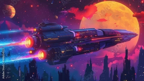 Obraz Interstellar travel flat design, side view, futuristic theme, animation, colored pastel