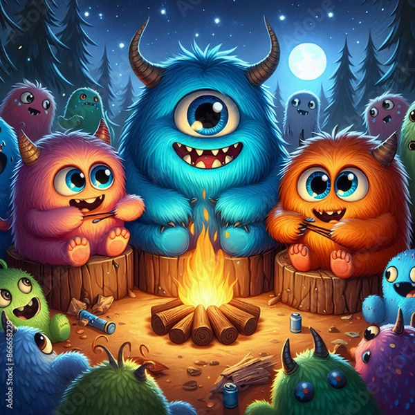 Obraz illustrations of friendly, fuzzy monsters  around the campfire with trees and stars