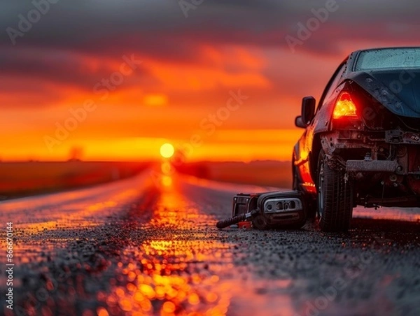 Fototapeta A car sits damaged on an empty road at sunset, reflecting the vivid colors of the sky, creating a dramatic and serene scene.