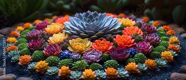 Fototapeta Succulent Rangoli, Illustrate a traditional pookalam made entirely of various succulents. Chibi Character, flashy color
