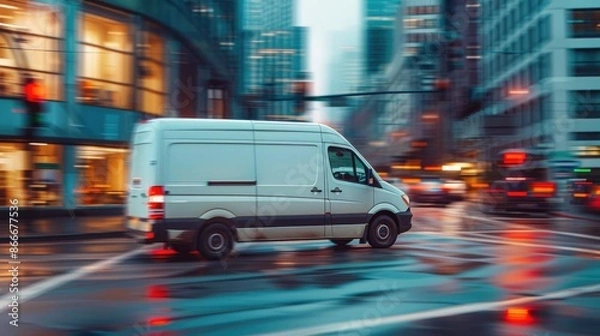 Fototapeta City delivery service: A delivery van and courier navigating busy urban streets, emphasizing prompt home and office deliveries