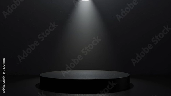 Fototapeta Black Circular Platform Illuminated by Spotlight in a Dark Studio