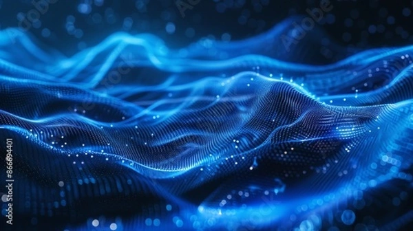 Fototapeta Abstract blue technological background with dynamic digital waves.