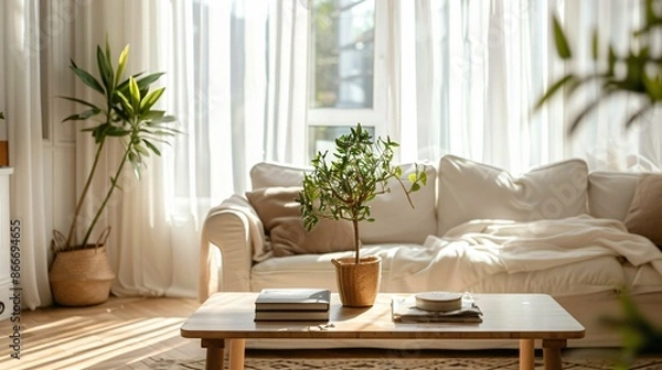 Obraz A minimalist living space with a clean white sofa, a single wooden coffee table, a potted plant, and a large window with sheer white curtains