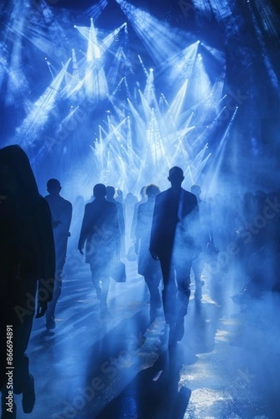 Fototapeta Fashion Show Runway glows in Blue Light Tunnel, displaying Elegant Silhouettes emanating sophistication and glamour