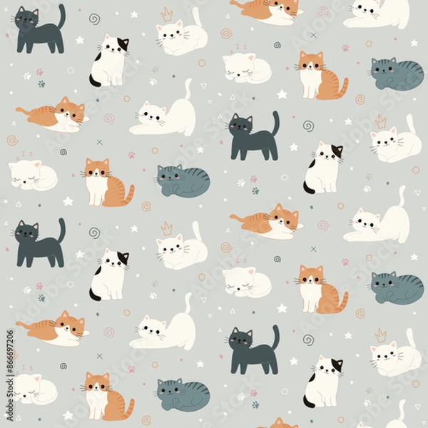 Fototapeta Cats and doodles seamless pattern design