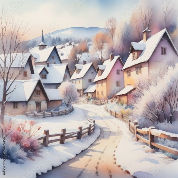 Obraz Picturesque village blanketed with snow on winter morning, featuring serene bridge over river and majestic mountains in background. Colorful houses