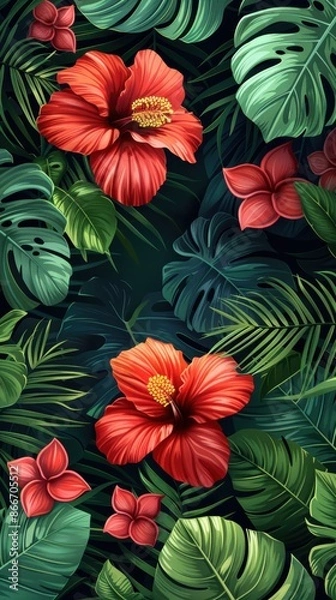 Fototapeta A text box with a border of tropical flowers and palm leaves.