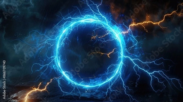 Fototapeta Energetic display: A glowing electric blue circle with surrounding lightning on a dark background, symbolizing powerful and electrifying energy
