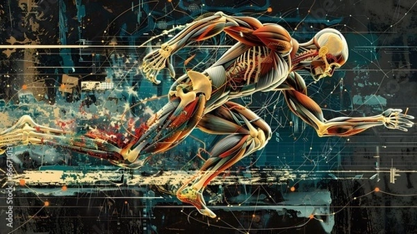 Fototapeta  A detailed, artistic rendering of the human body in motion, showing the skeletal and muscular systems in action, overlaid with biomechanical diagrams and equations, illustrating efficient movement an