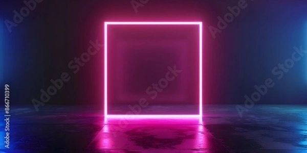 Obraz Neon square picture frame on black background with blue and pink lights. Concept Neon Square Frame, Black Background, Blue Lights, Pink Lights