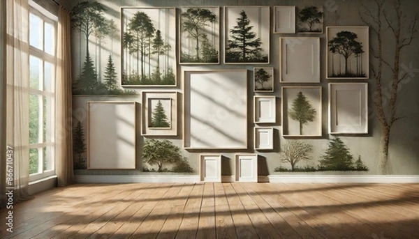 Fototapeta Serene Naturalistic Living Room with Multiple Tree Shadows