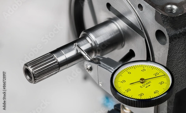 Fototapeta Closeup a yellow dial test indicator with metal probe on hinge and spherical tip. Measuring steel shaft run-out of rotor with 3 vanes in stator of pump compressor by accurate tool on white background.
