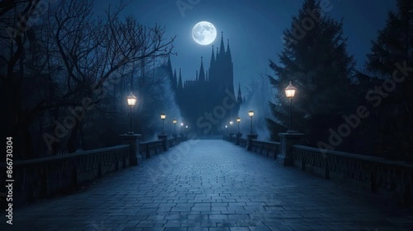 Fototapeta A moonlit night with a castle in the background. The castle is surrounded by trees and there are lights on the path. Scene is mysterious and enchanting