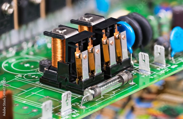 Fototapeta Electronic components as electromagnetic relays or glass electric fuse on green PCB. Closeup two electromechanical switches with copper wire on coil with iron core, yoke and armature on circuit board.